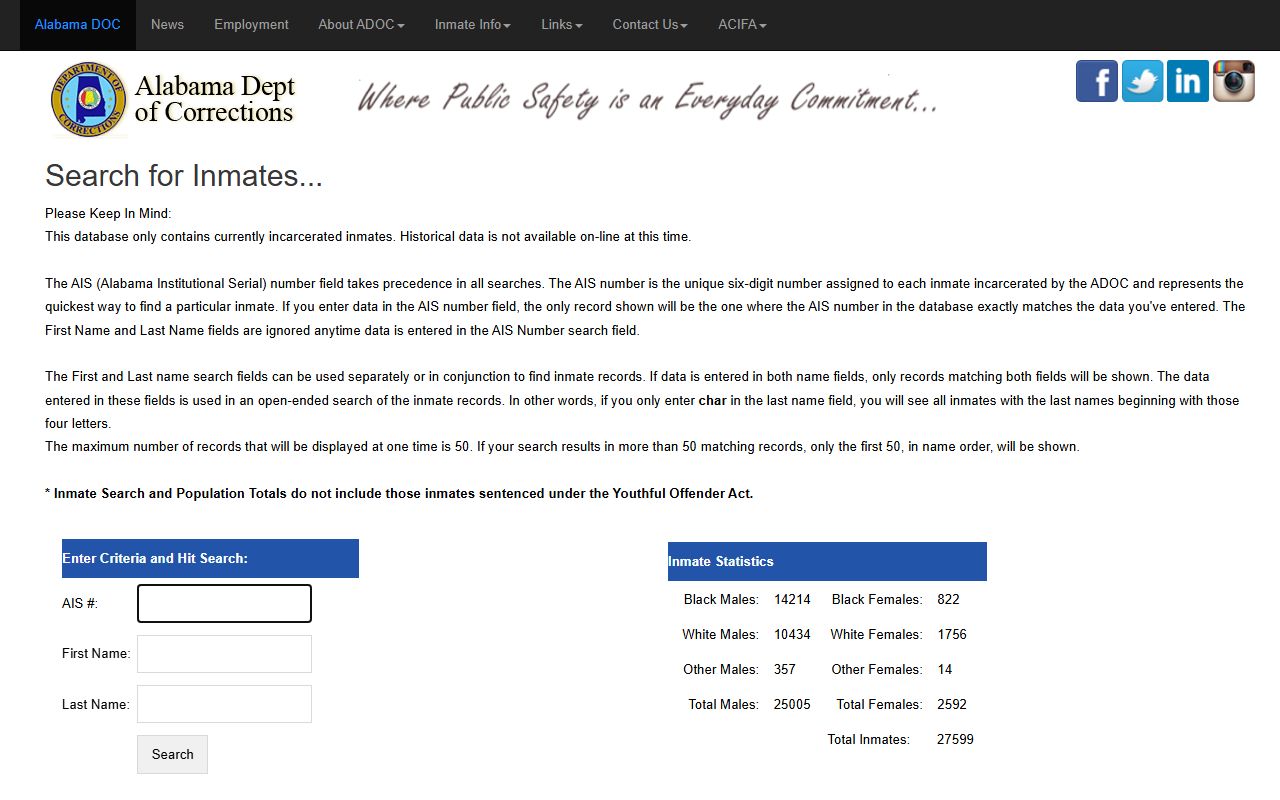 Bibb Correctional Facility ADOC inmate search fields